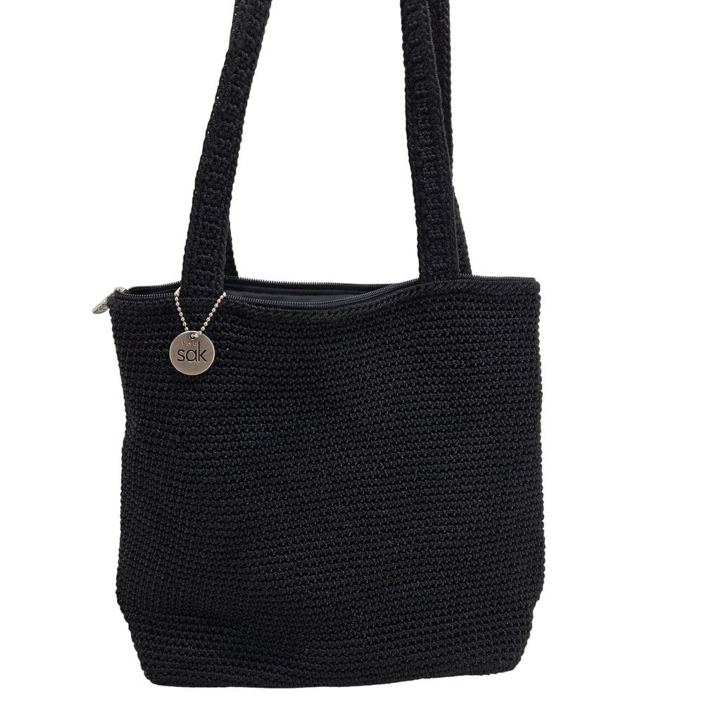 The Sak Knit Shoulder Bag Black Crochet Woven Tote Logo Charm Boho 90s Y2K